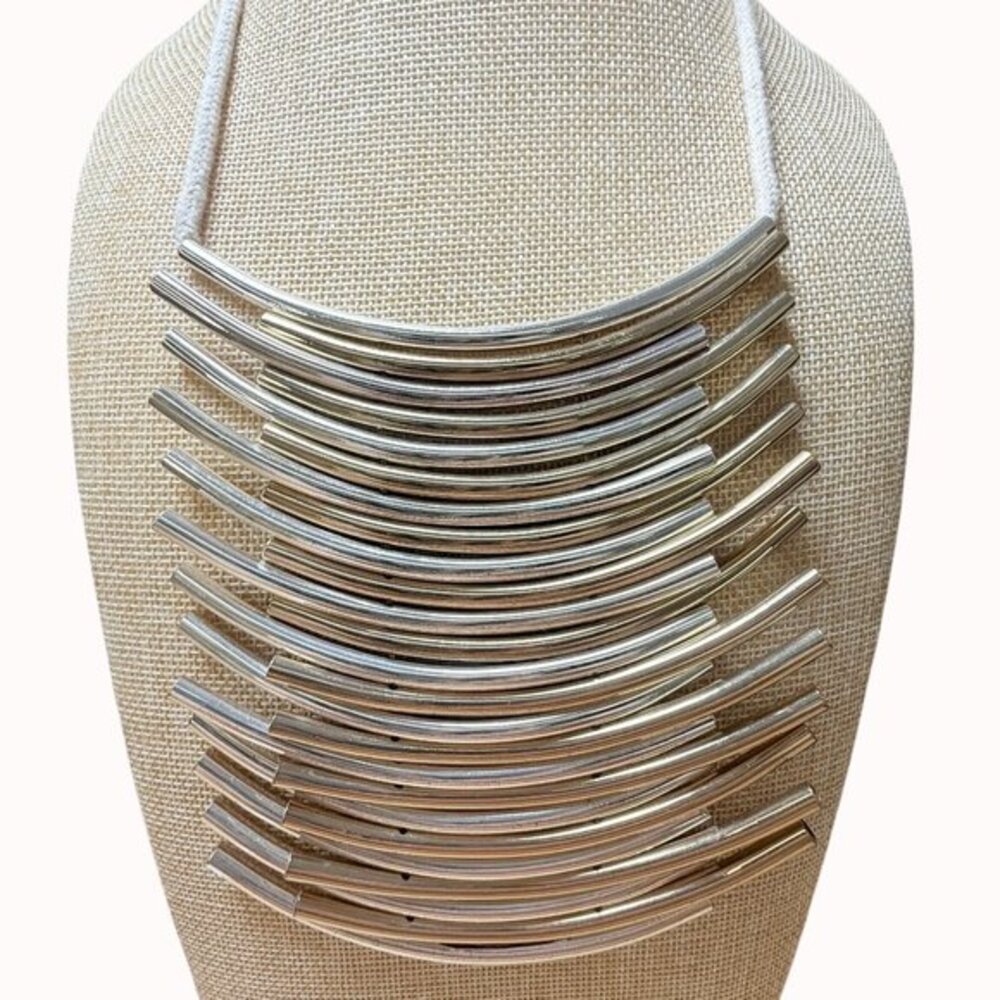 Curved Metallic Multi Tube Statement Necklace Silver Gold‎ Tone